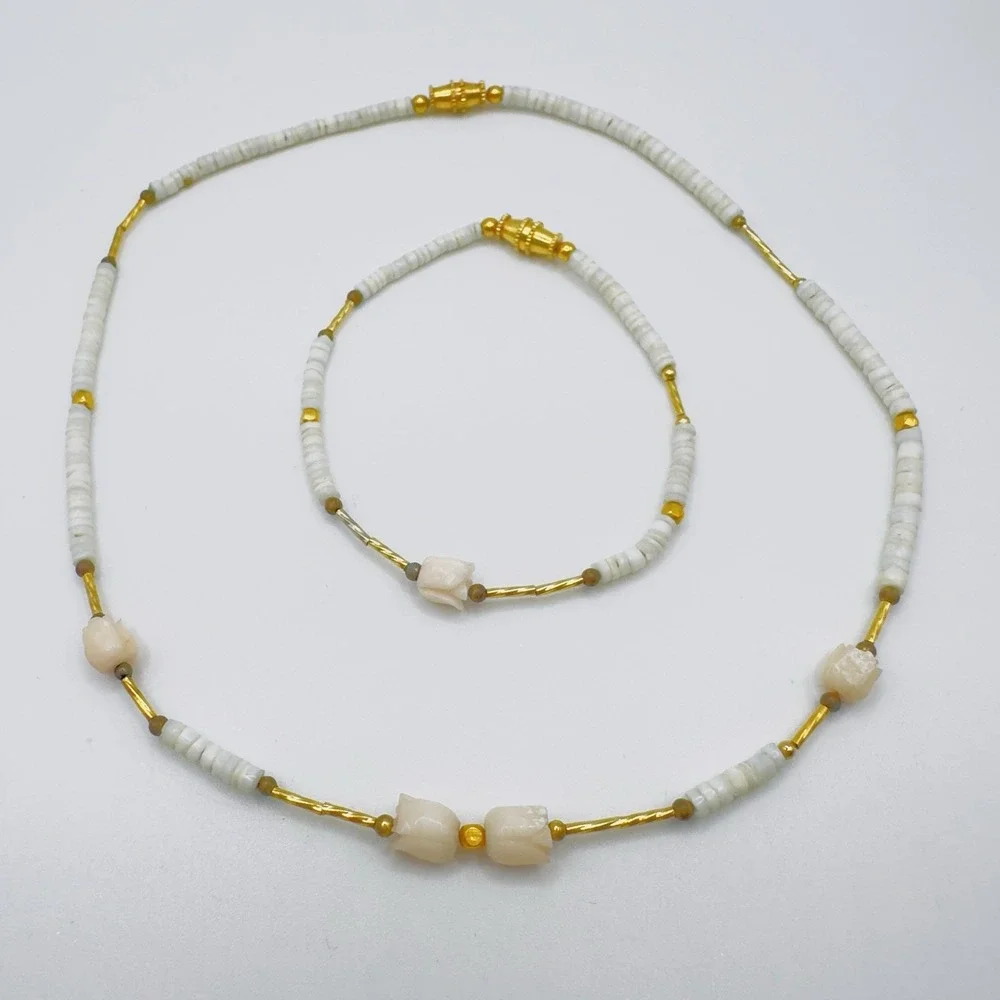 Vintage Puka Shell Necklace & Bracelet Coral Tulip Dainty 15